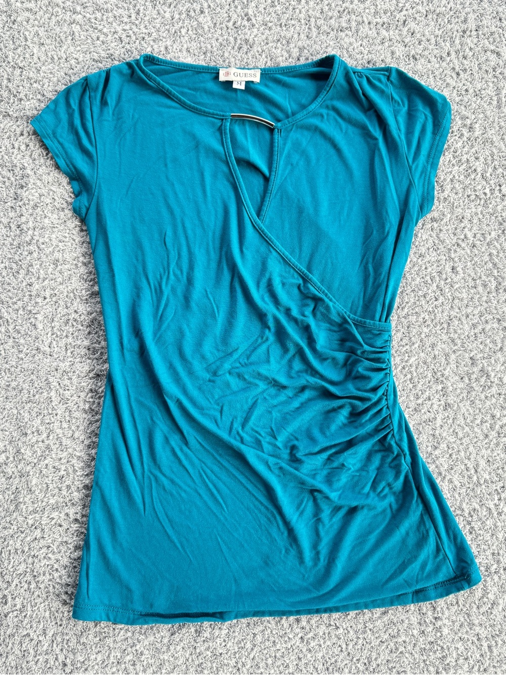 GUESS Teal Short Sleeve Ruched Wrap Top